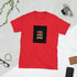 Red graphic crewneck tee with multicolor square logo on the chest
