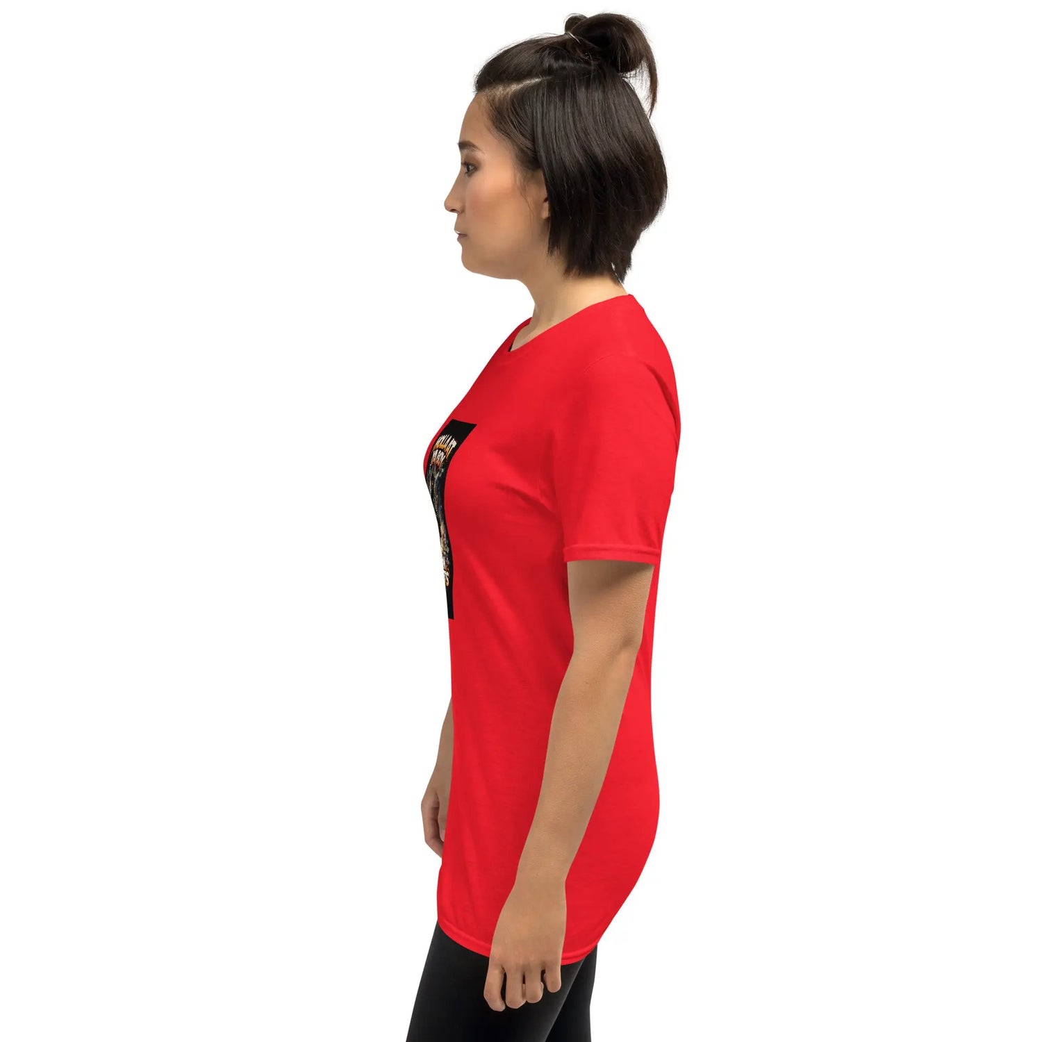 Unisex T-shirt in red, side profile, crew neck, chest graphic square print
