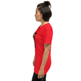 Unisex T-shirt in red with crew neck and short sleeves, side view with graphic