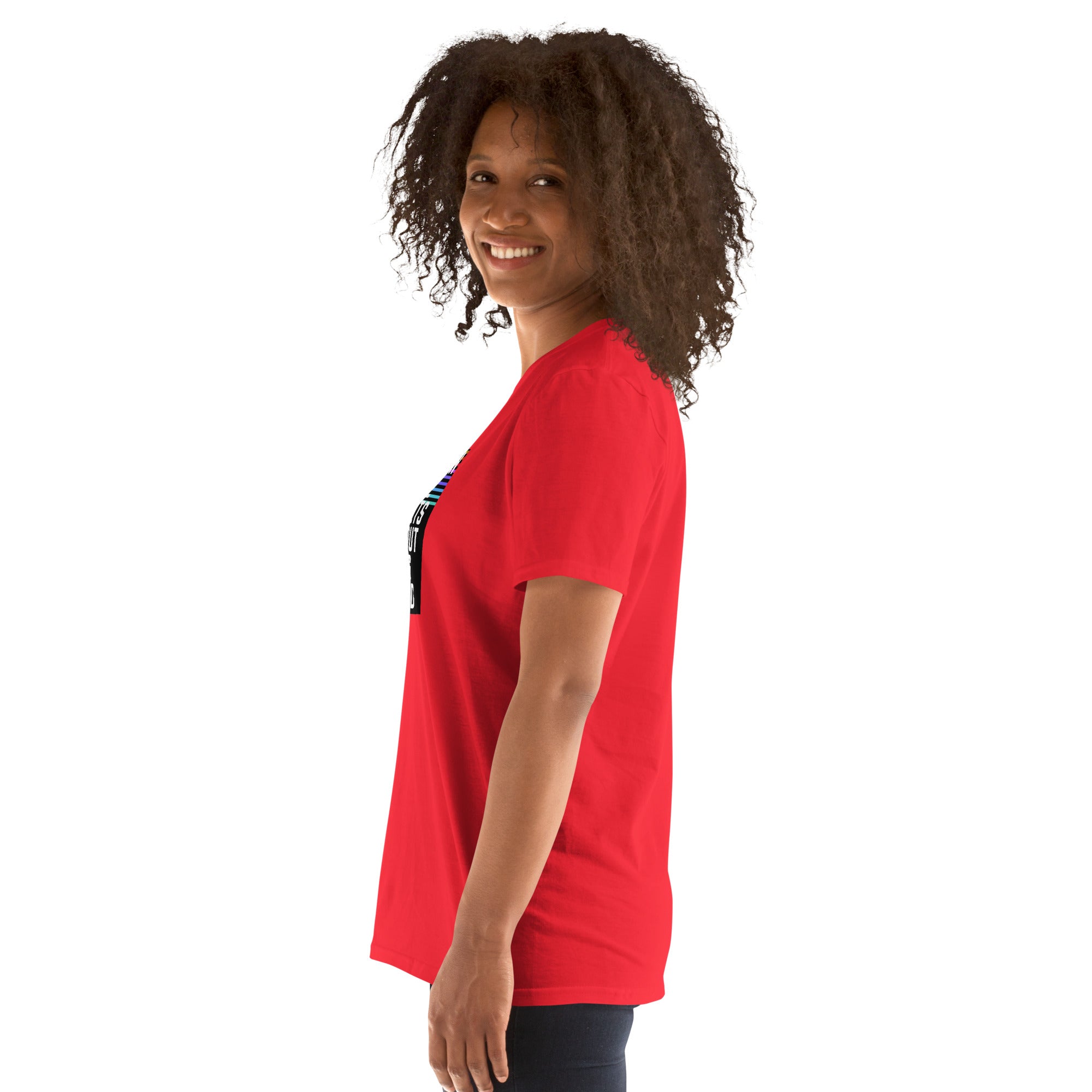 Unisex T-shirt red, side view, short sleeves, small logo graphic on back shoulder