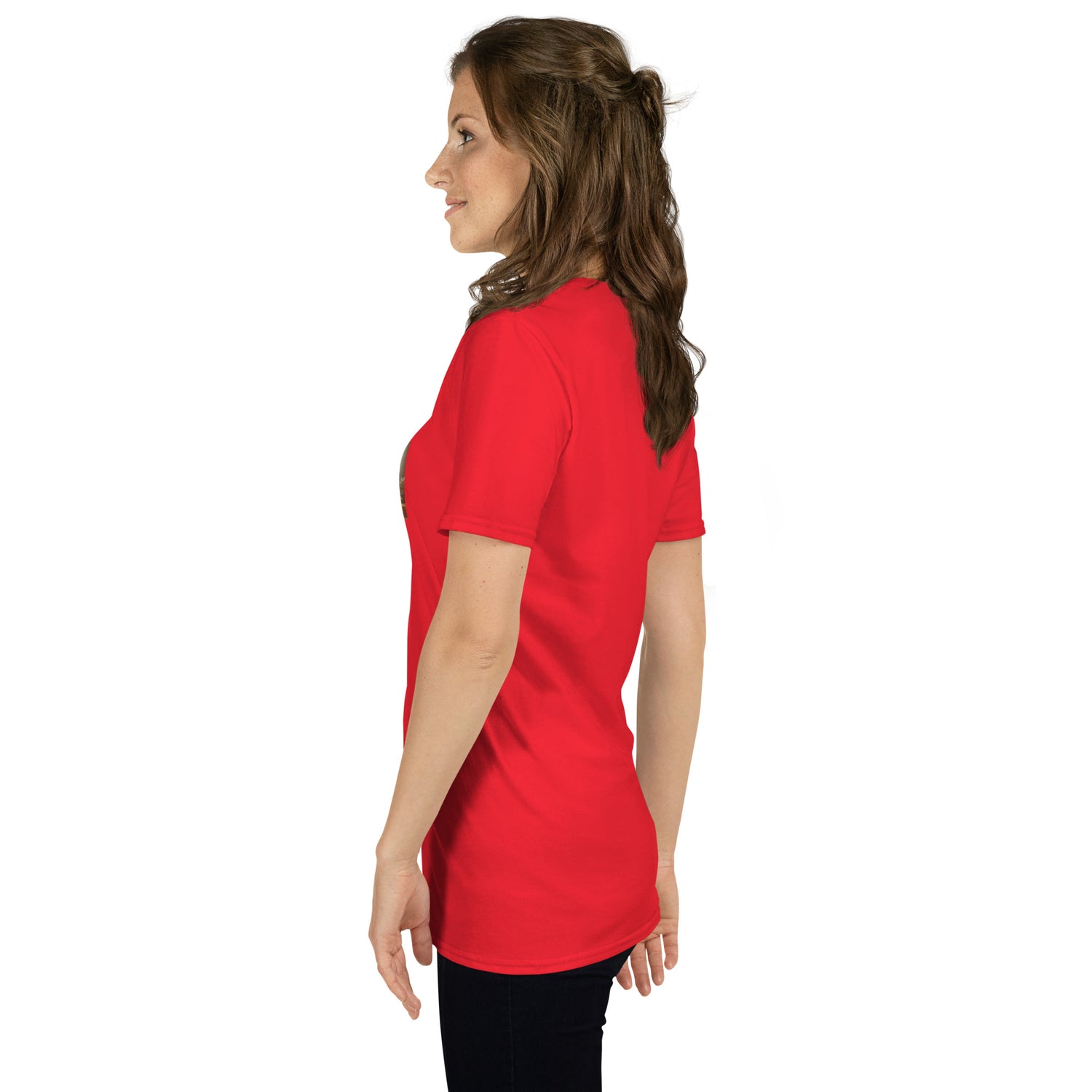 Red unisex T-shirt, side view, crew neck short sleeves
