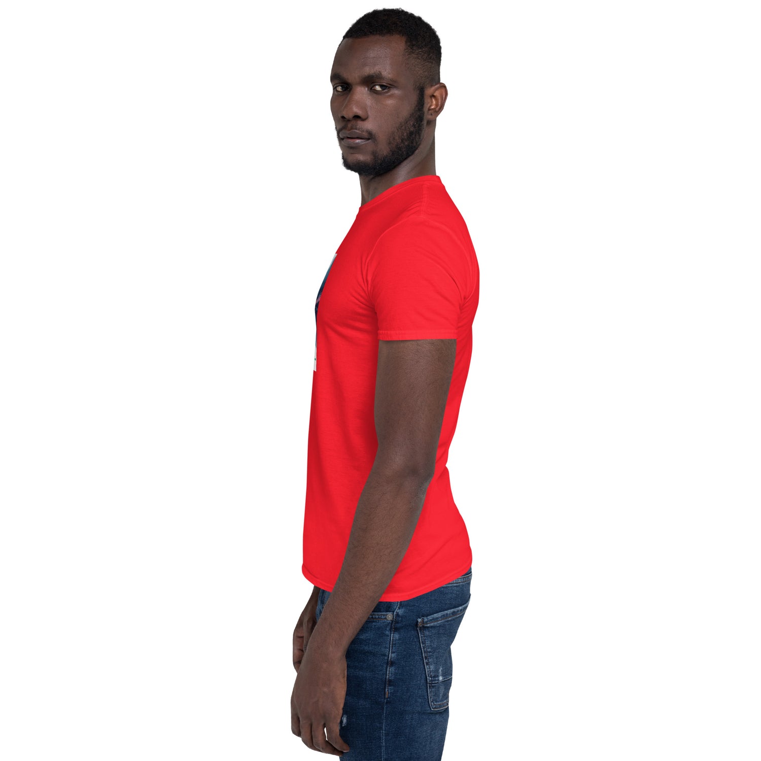 Red unisex T-shirt, left side profile, crew neck