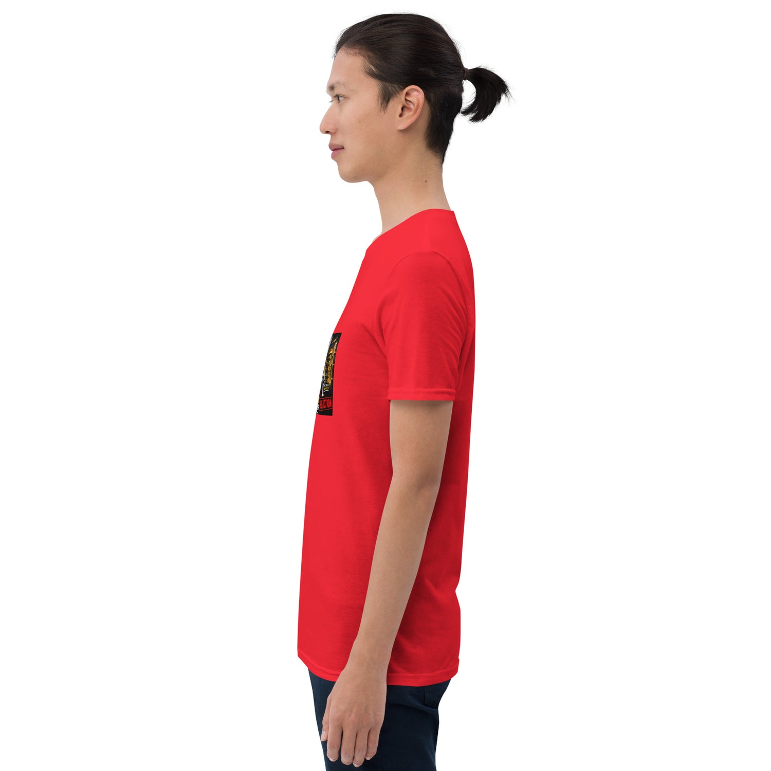 Unisex short-sleeve T-shirt, red, side view with graphic print