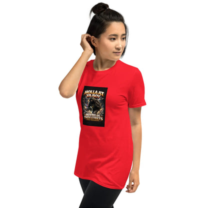 Unisex T-shirt in red, front-left view, crew neck, chest graphic square print