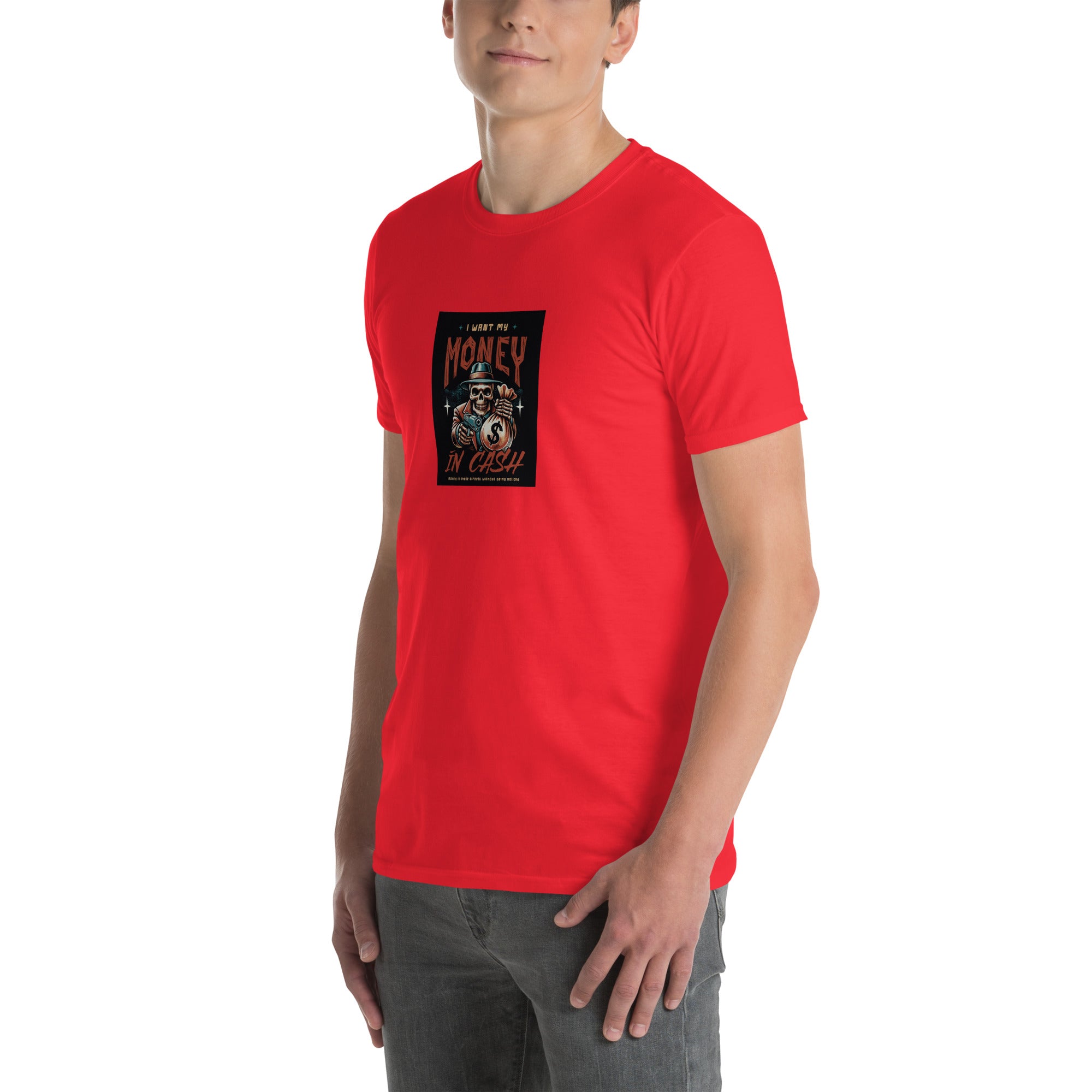 Red unisex short-sleeve T-shirt, front view with small chest graphic