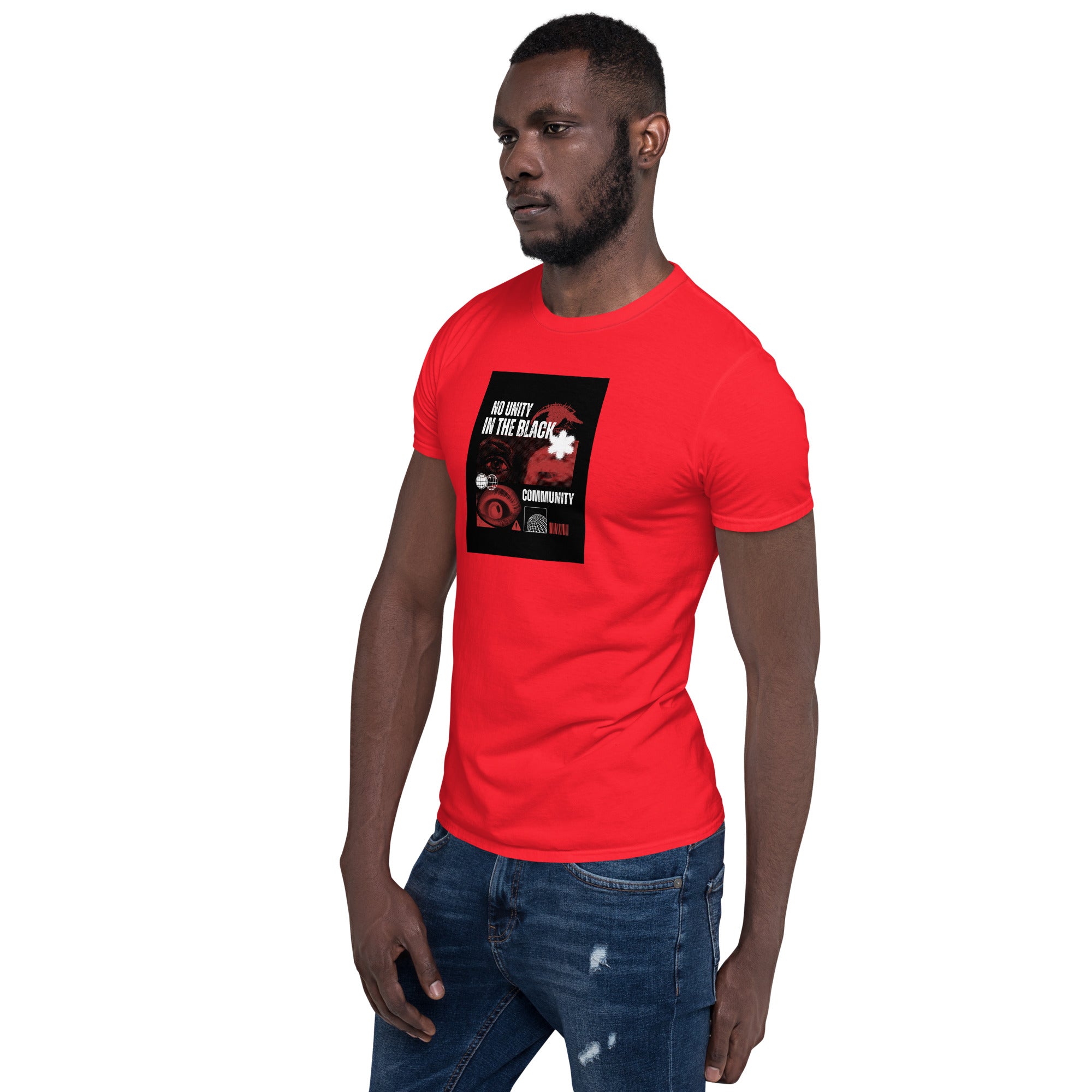 Unisex short-sleeve T-shirt, red, graphic on front, angled view