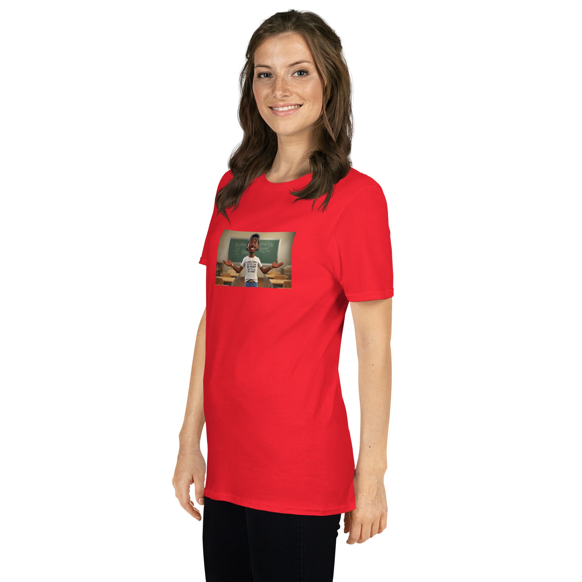 Red unisex T-shirt, front photo graphic centered on chest