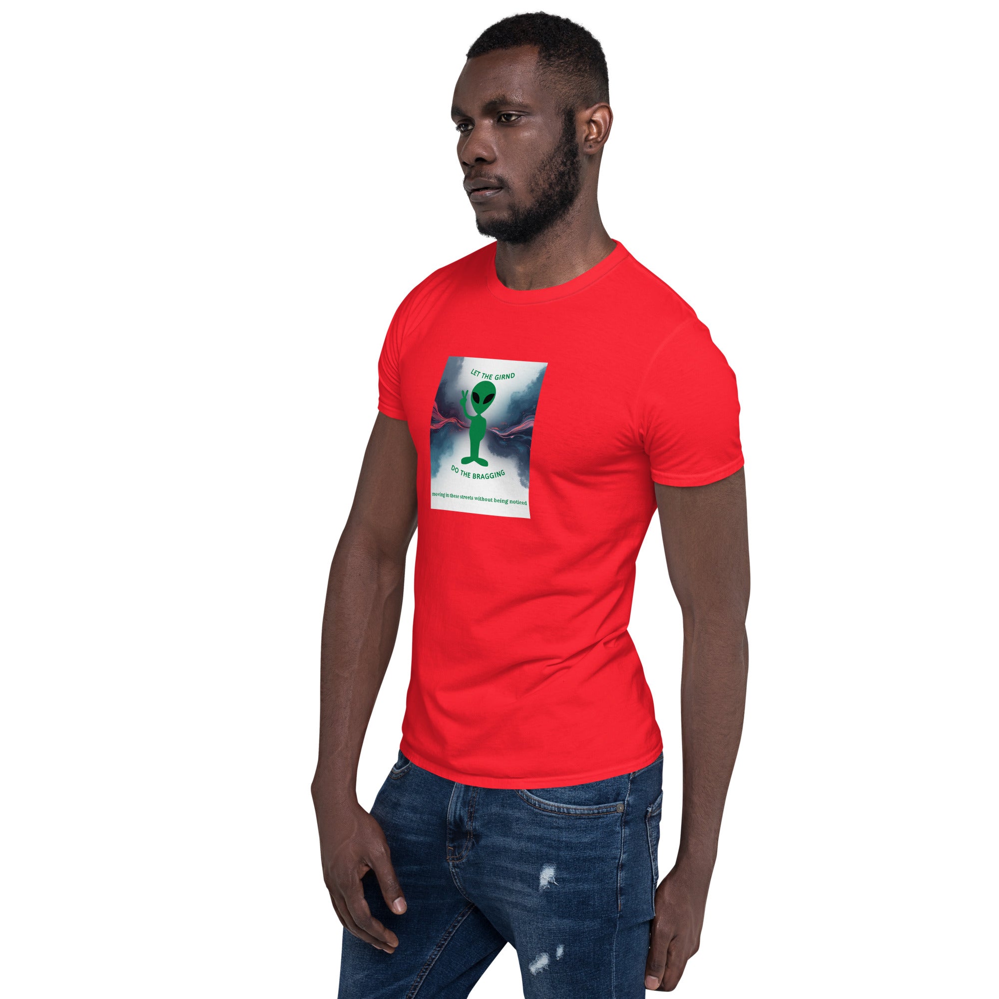 Red T-shirt with front square graphic, short sleeves, crew neck