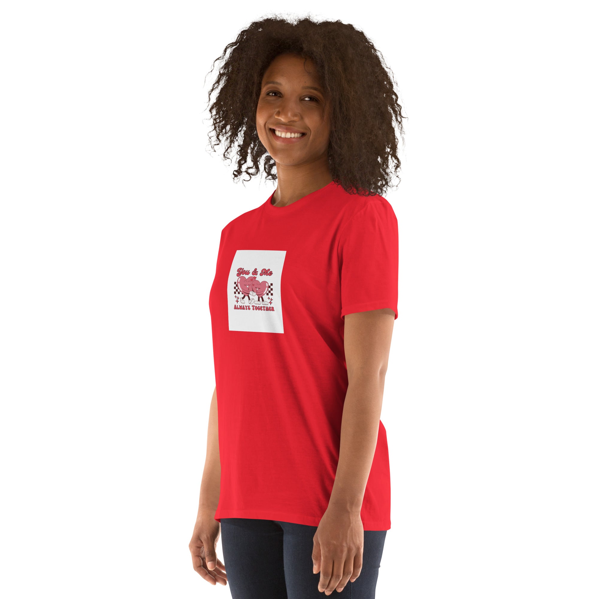 You &amp; Me Always Together unisex T-shirt in red with front graphic square, short sleeves