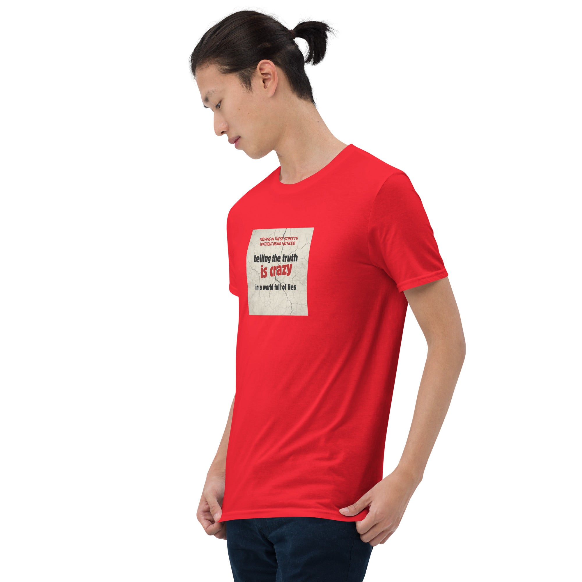 Red T-shirt with front quote graphic and crew neck