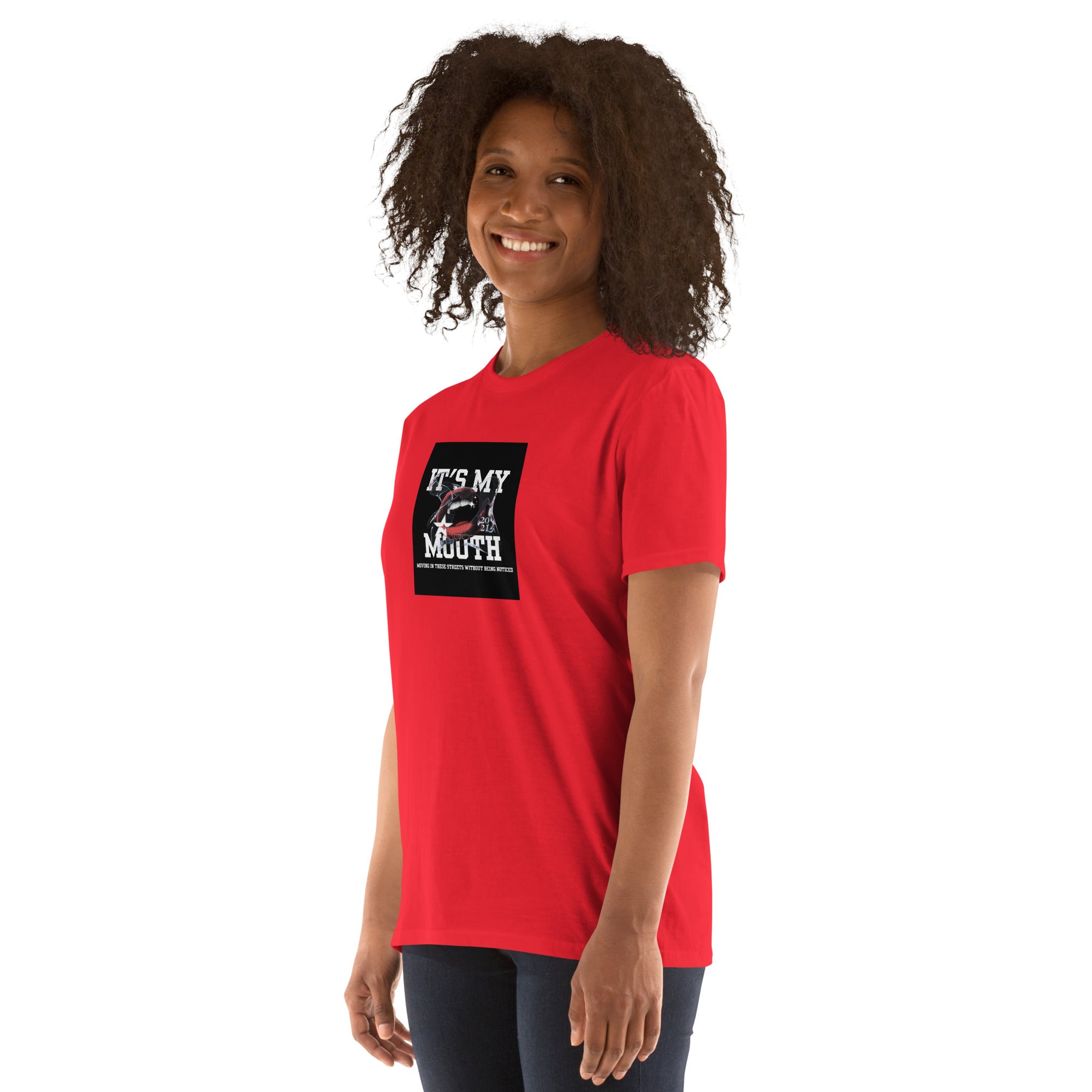 Red unisex short-sleeve T-shirt with front “IT’S MY MOUTH” graphic