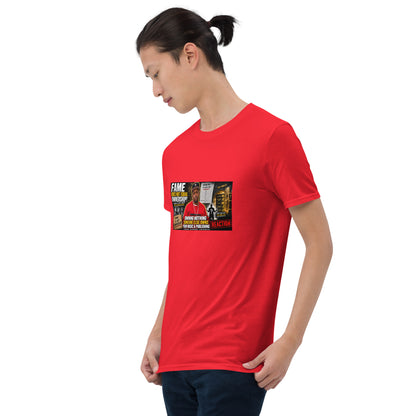 Unisex short-sleeve T-shirt, red, front view with Fame graphic print