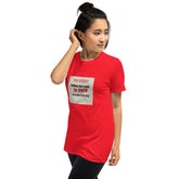 Red unisex crew-neck t-shirt with front square slogan graphic, short sleeves
