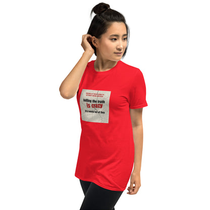 Red unisex crew-neck t-shirt with front square slogan graphic, short sleeves