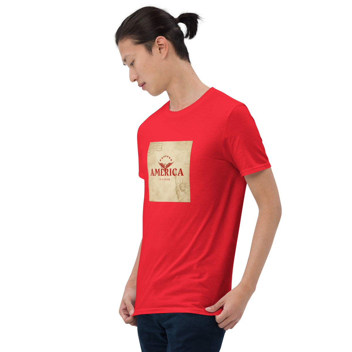 Red unisex graphic T-shirt with a rectangular &