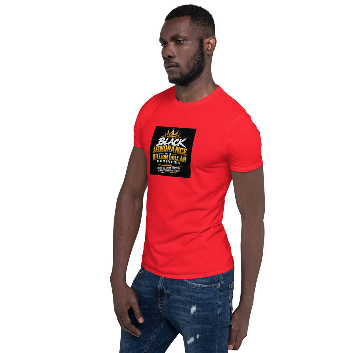 Red unisex short-sleeve T-shirt with black-and-yellow chest graphic print, angled view