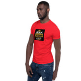 Red unisex short-sleeve T-shirt with black-and-yellow chest graphic print, angled view