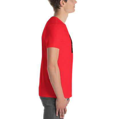 Red unisex short-sleeve T-shirt, angled side view showing sleeve