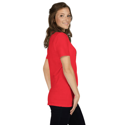 Red unisex T-shirt, side profile view, short sleeves crew neck