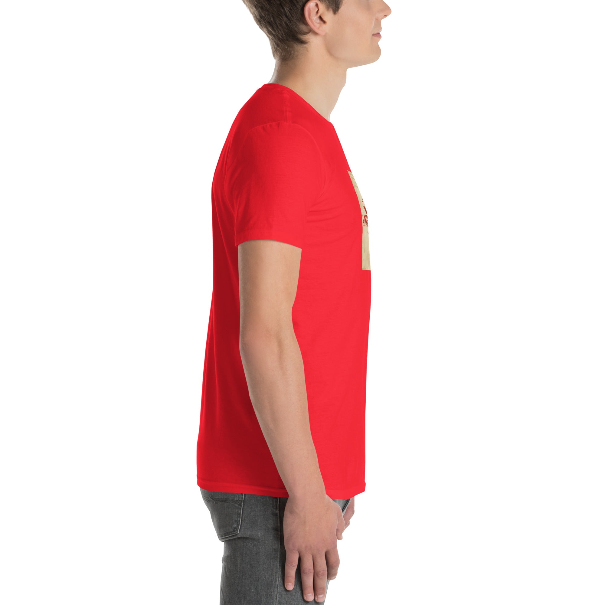 T-shirt America Is A Scam rossa con stampa laterale parziale, maniche corte