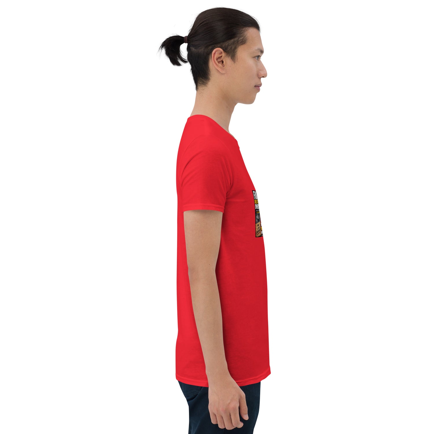 Unisex short-sleeve T-shirt, red, side profile with graphic print