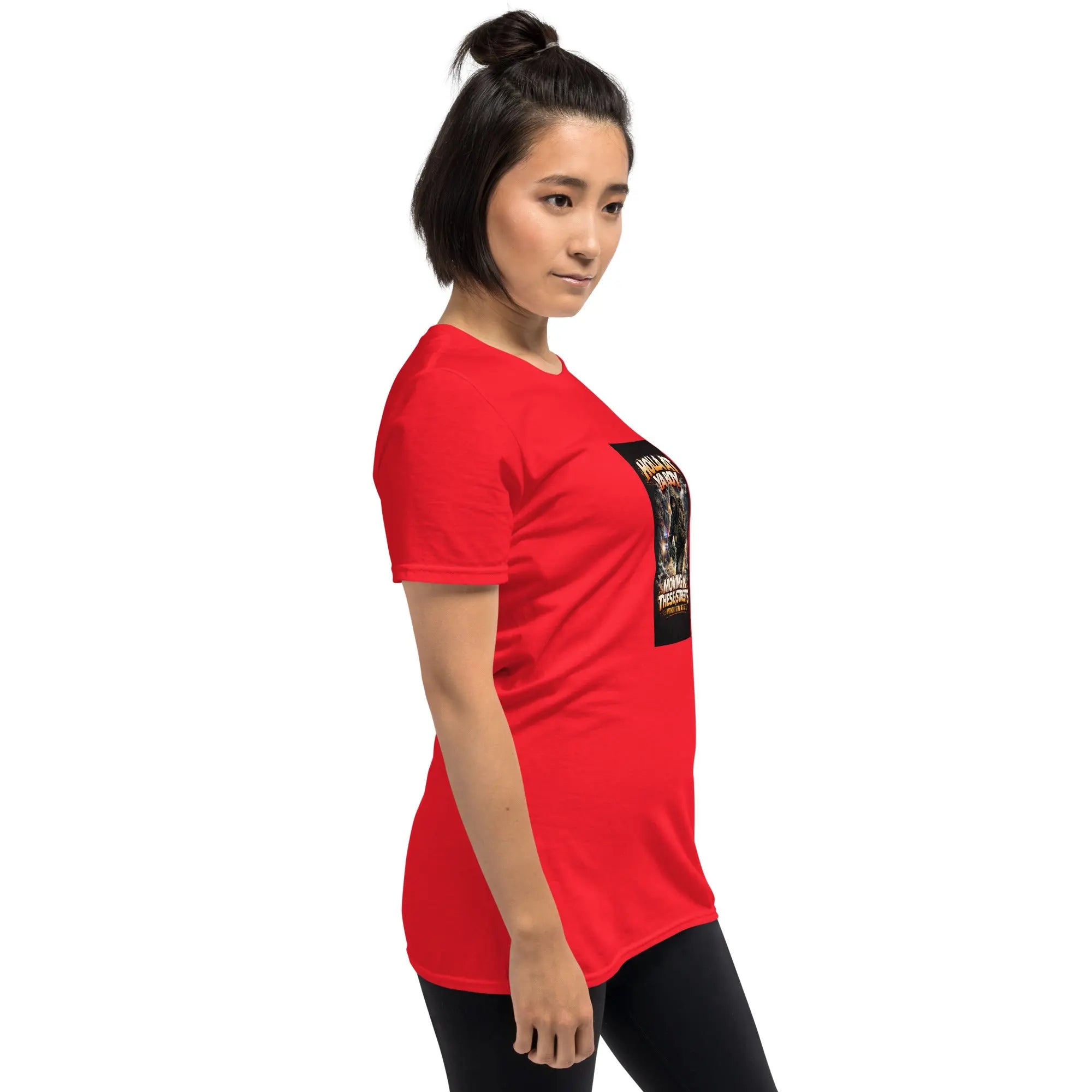 Unisex T-shirt in red, side view, crew neck, chest square graphic print
