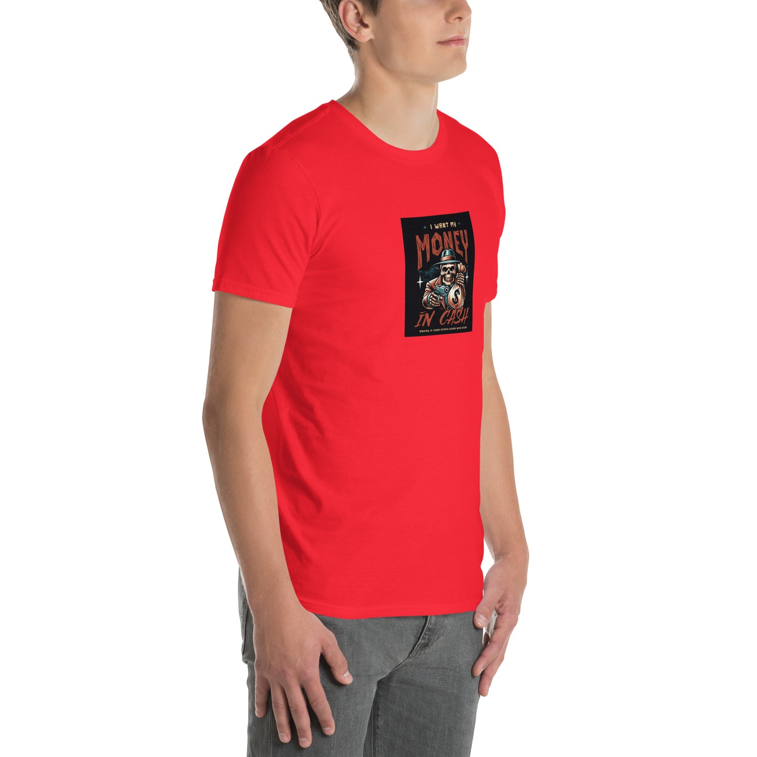 Red unisex short-sleeve T-shirt with centered chest graphic print