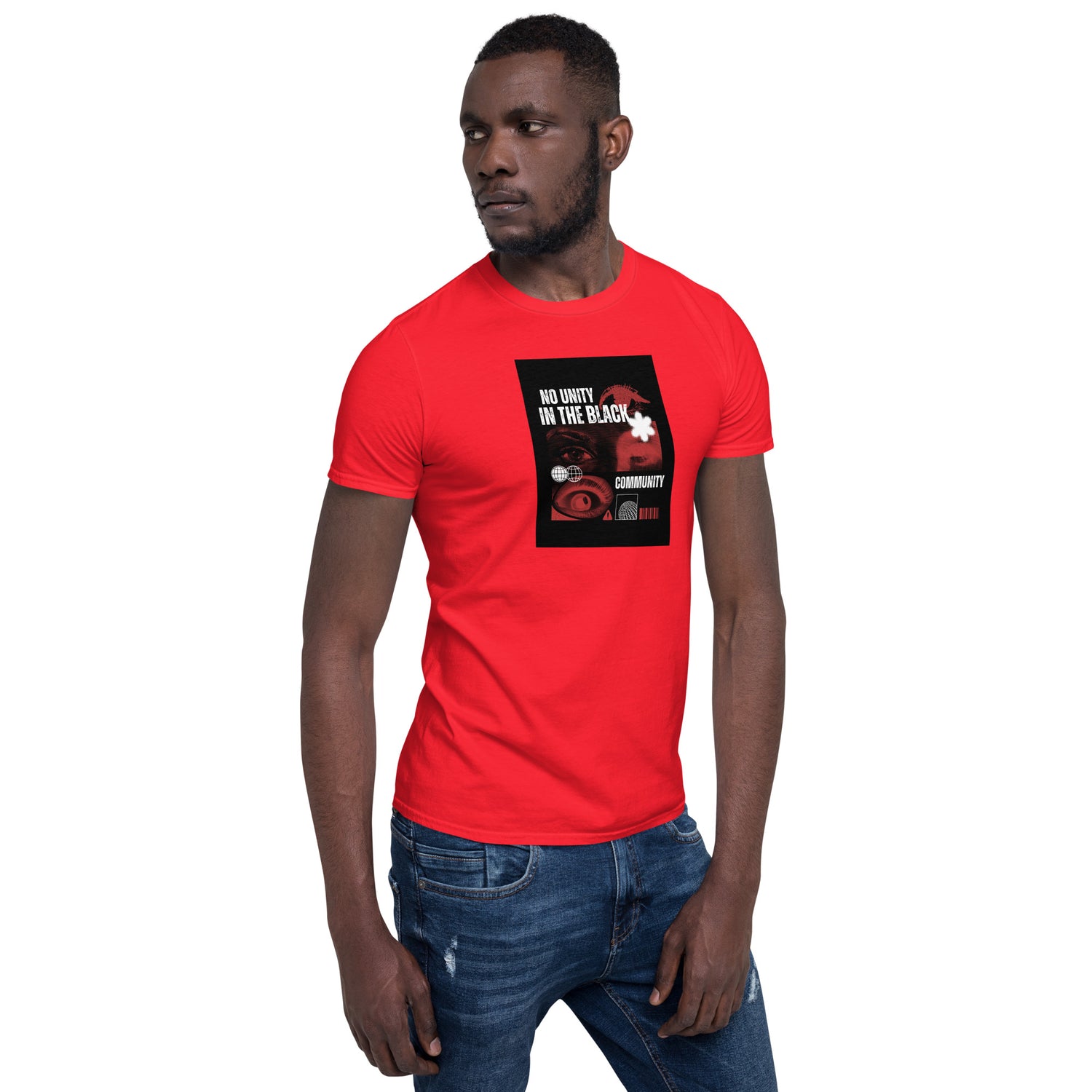 Unisex short-sleeve T-shirt, red, centered chest logo graphic
