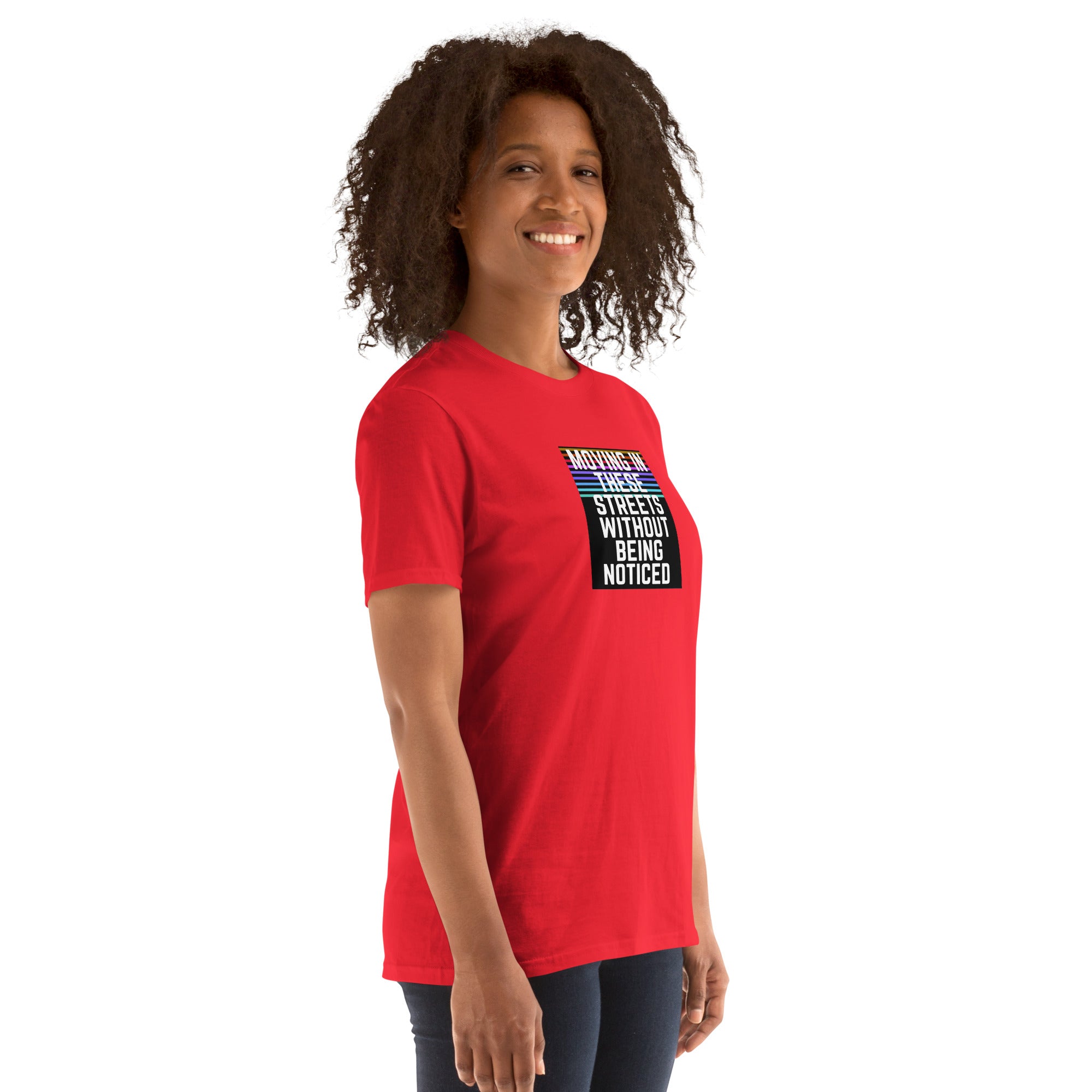 Unisex T-shirt red, front view, square text graphic on chest