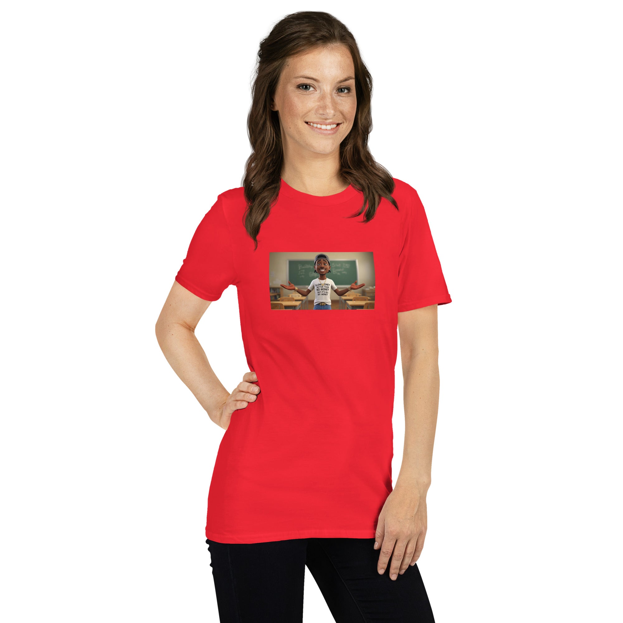 Red unisex T-shirt, front graphic window print, crew neck short sleeves