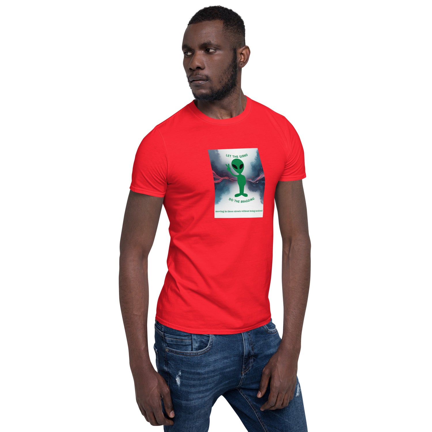 Red T-shirt with chest graphic, short sleeves, crew neck