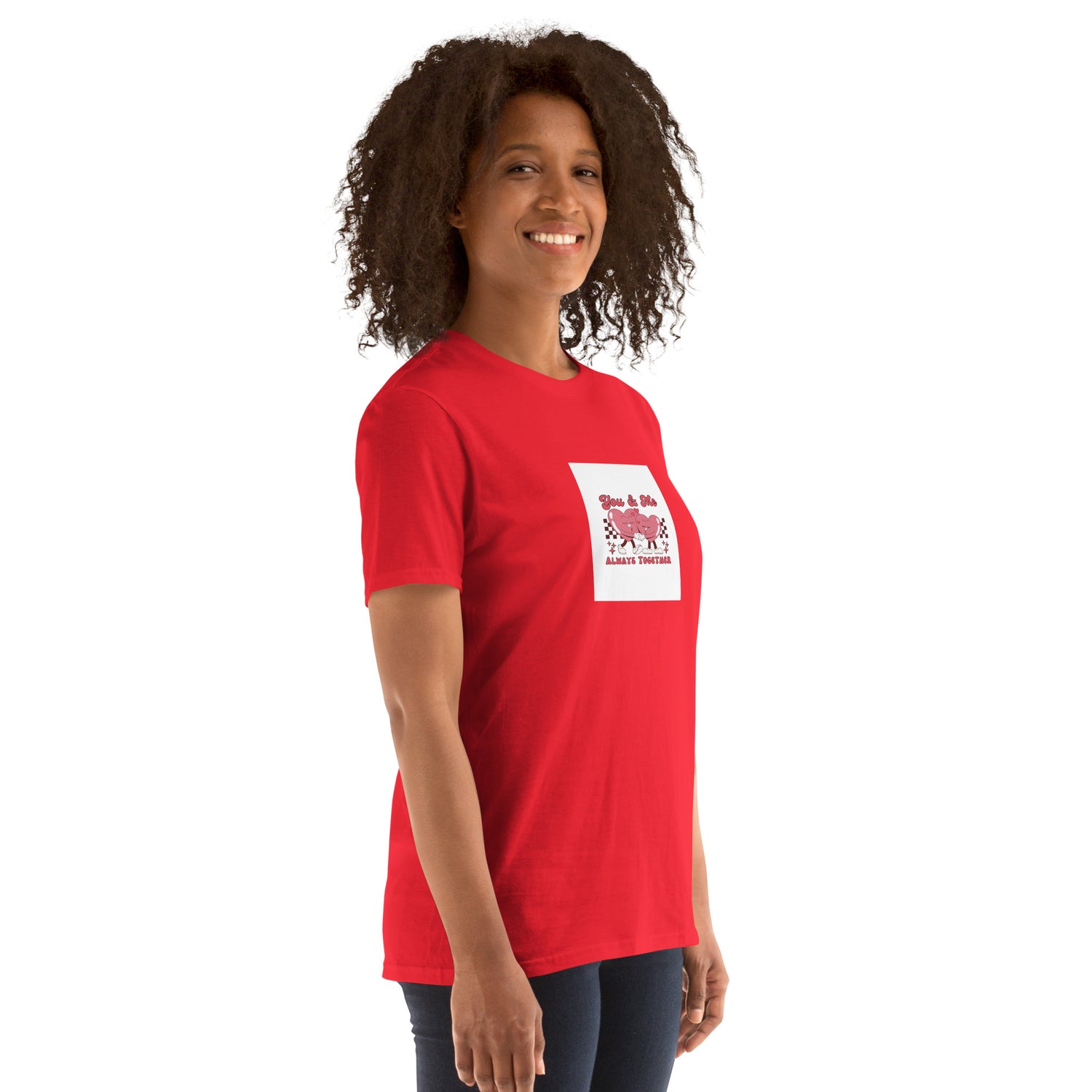 You &amp; Me Always Together unisex T-shirt in red with front graphic, short sleeves (front)