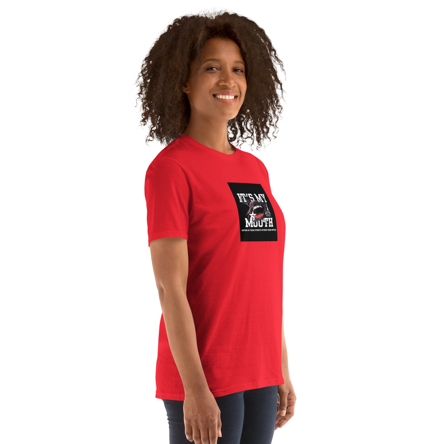 Red unisex short-sleeve T-shirt with centered “IT’S MY MOUTH” graphic