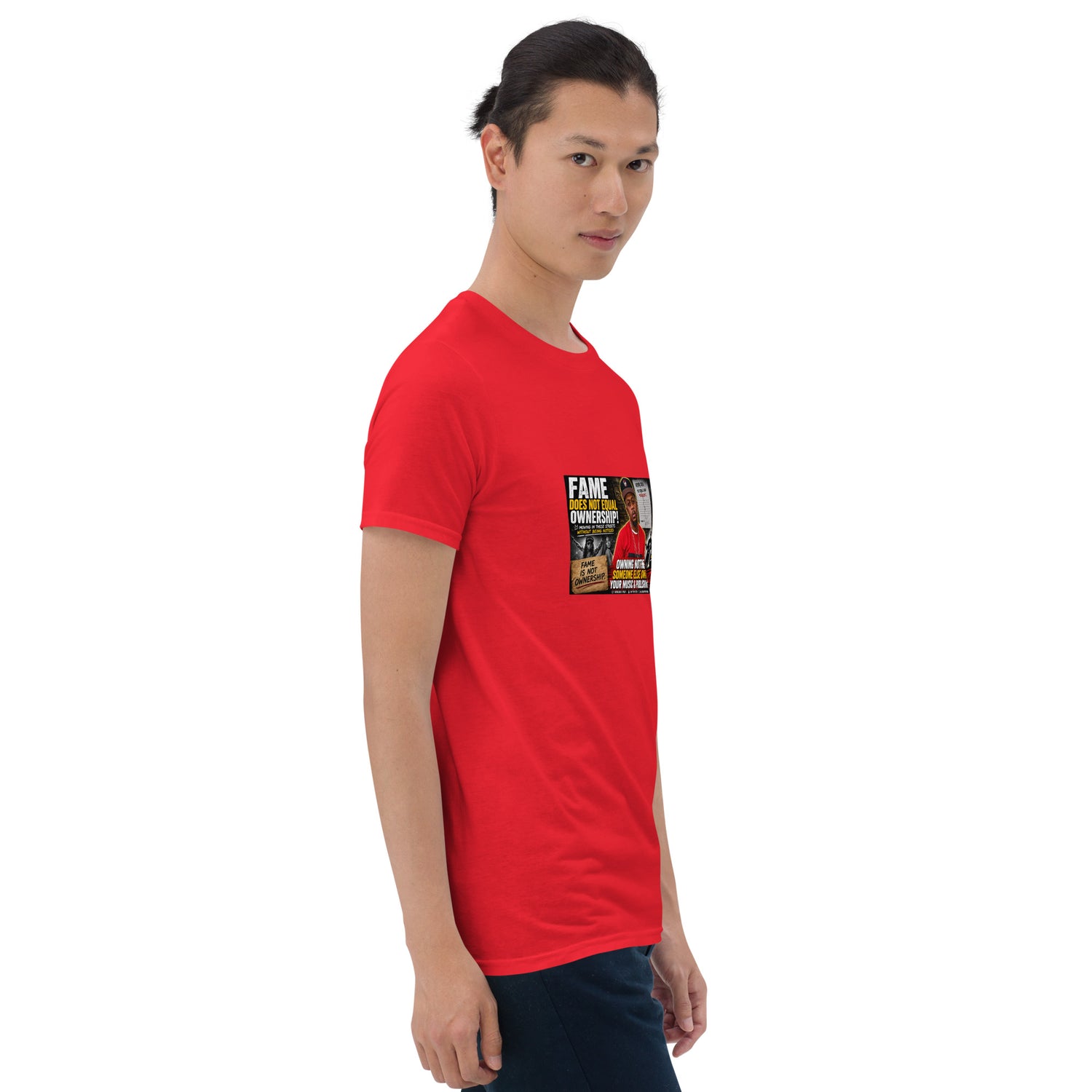 Unisex short-sleeve T-shirt, red, front view with Fame graphic print