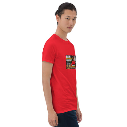Unisex short-sleeve T-shirt, red, front view with Fame graphic print