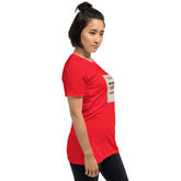 Red unisex t-shirt side view with small side graphic panel and short sleeves