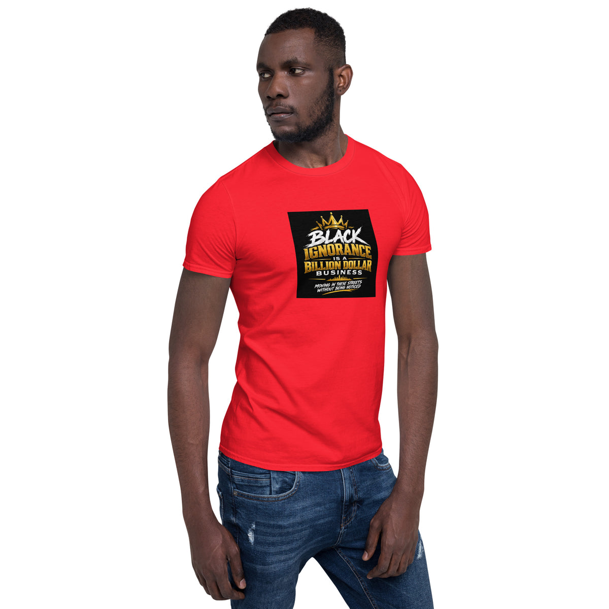 Red unisex short-sleeve T-shirt with square chest graphic print, crew neck
