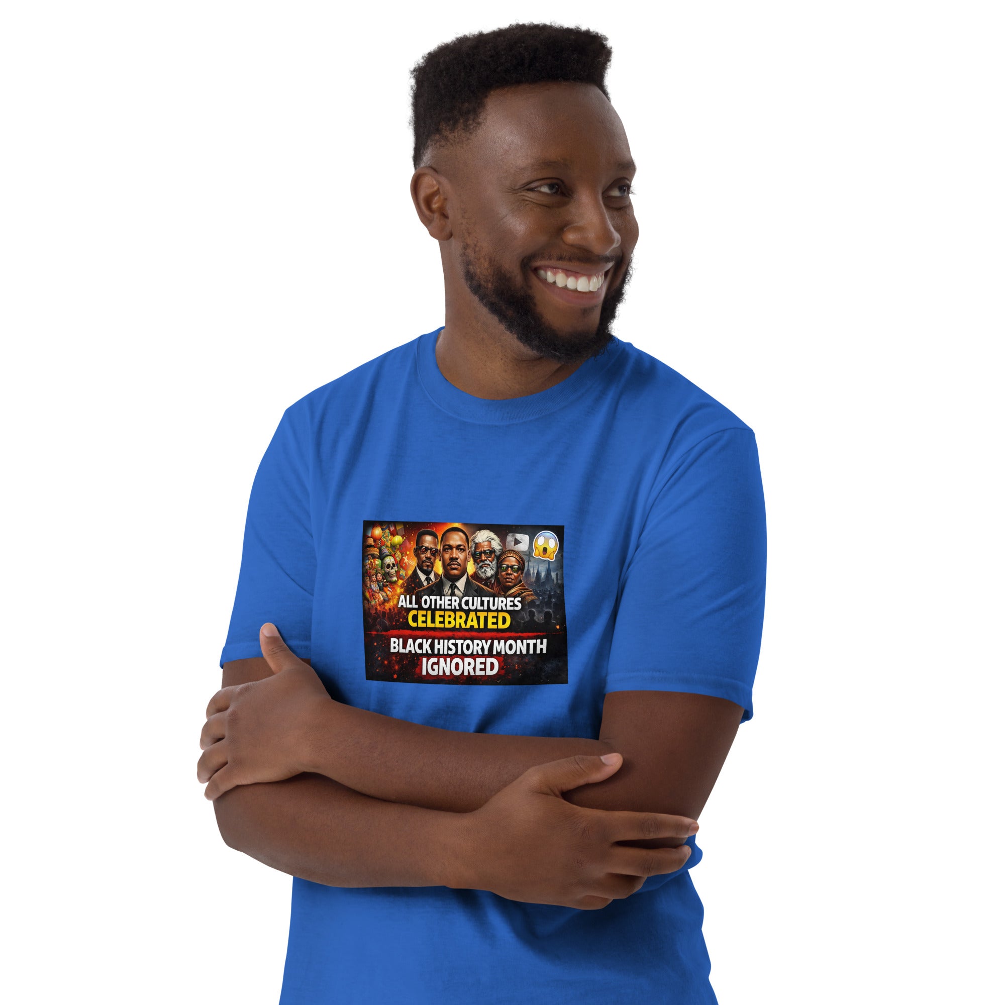 Unisex short-sleeve T-shirt in royal blue, front graphic print