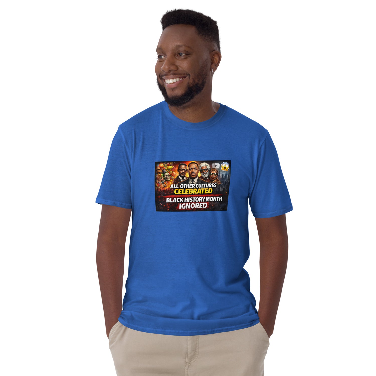 Blue unisex short-sleeve T-shirt with centered “BLACK HISTORY MONTH IGNORED” graphic.