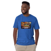 Royal blue unisex short-sleeve T-shirt with front rectangular graphic and slogan.