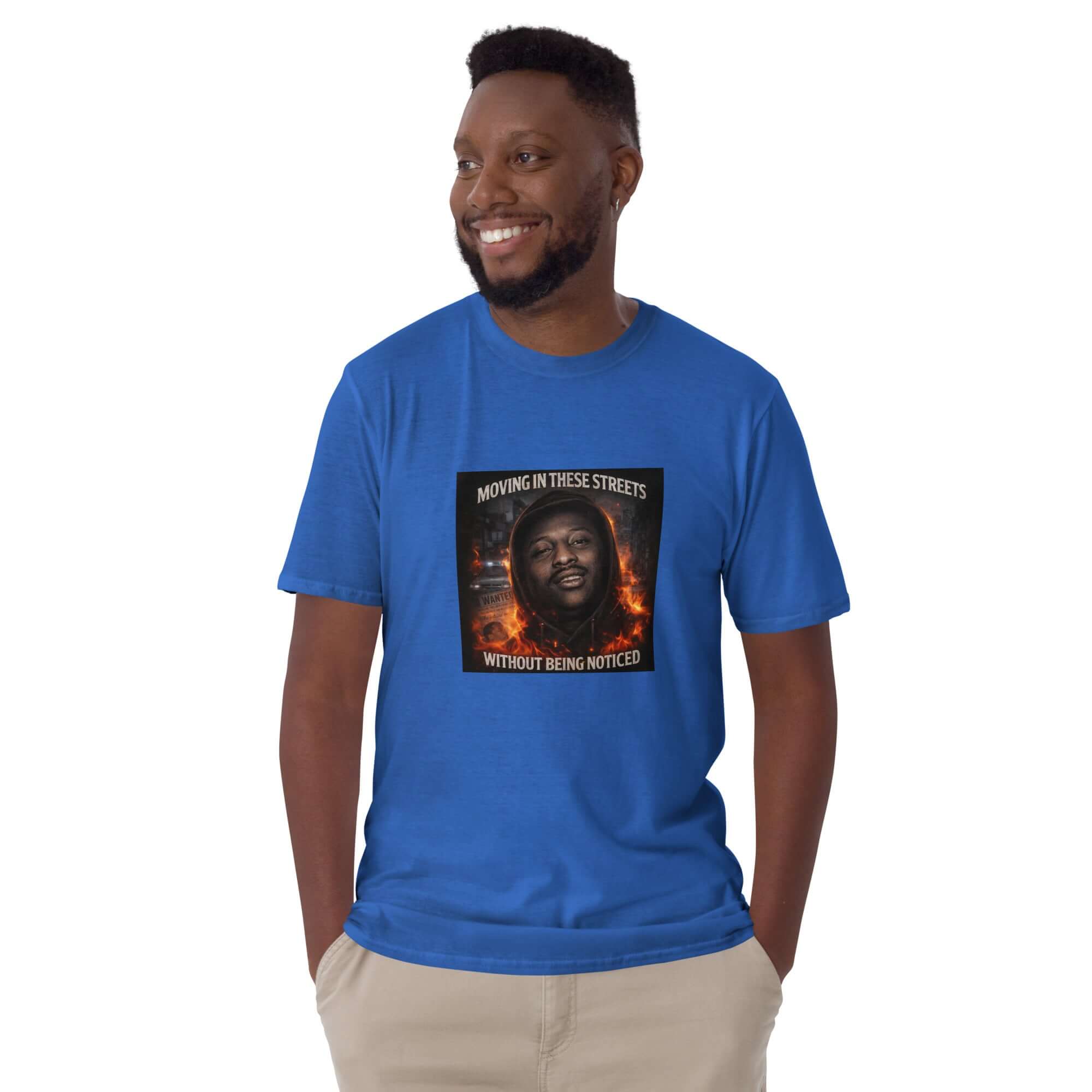 Blue unisex T-shirt with front graphic print and crew neck
