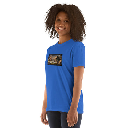 Royal blue T-shirt with small square chest graphic, crew neck, short sleeves