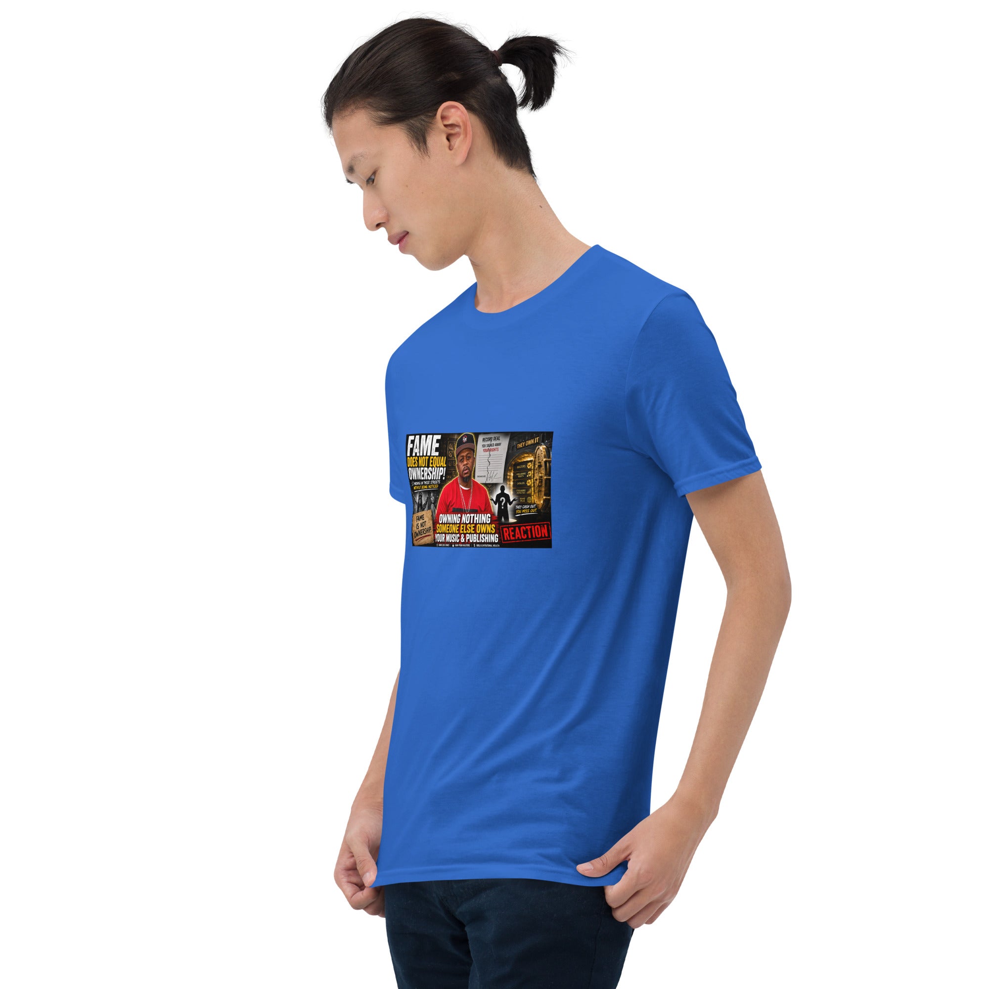Unisex short-sleeve T-shirt, blue, front chest graphic print
