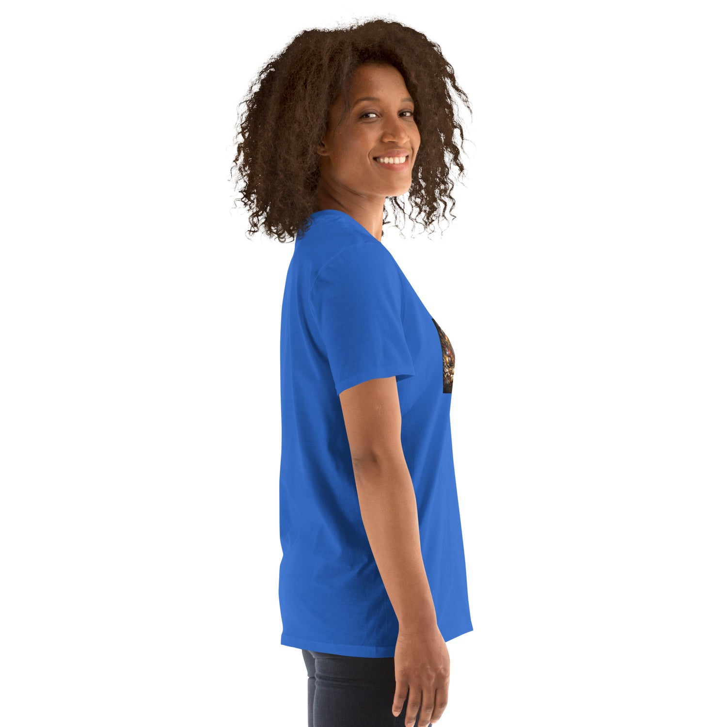 Royal blue short-sleeve T-shirt shown from the side, crew neck