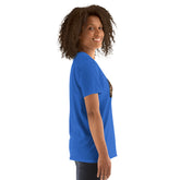 Royal blue crew-neck t-shirt with short sleeves, side view