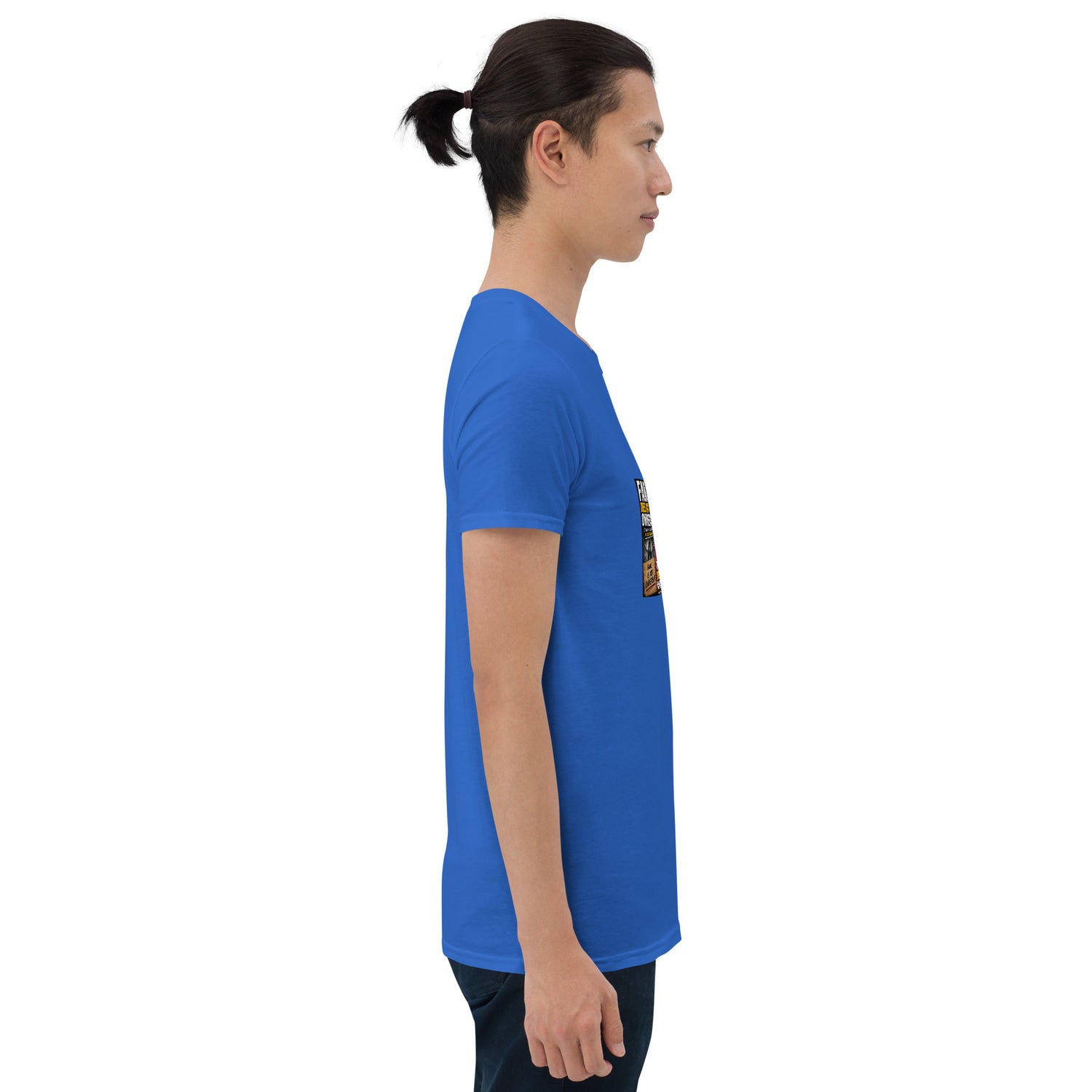 Unisex short-sleeve T-shirt, blue, side view with back graphic