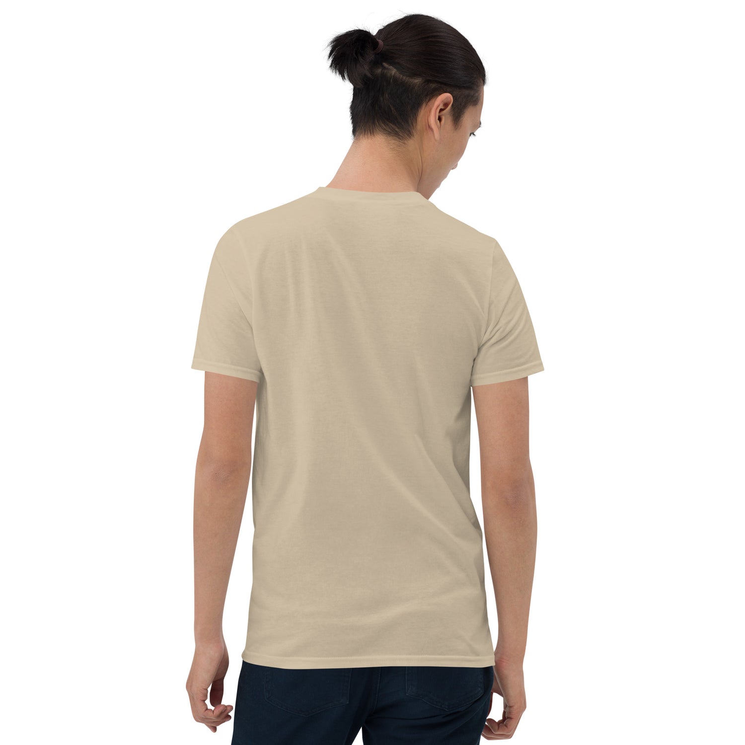 Sand unisex short-sleeve T-shirt, back view, crew neck, plain back.