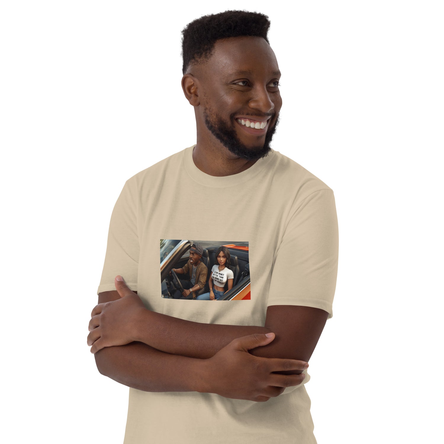 Sand unisex short-sleeve T-shirt, front view, photo graphic at center chest
