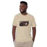 Light tan unisex short-sleeve T-shirt with centered rectangular photo-style graphic