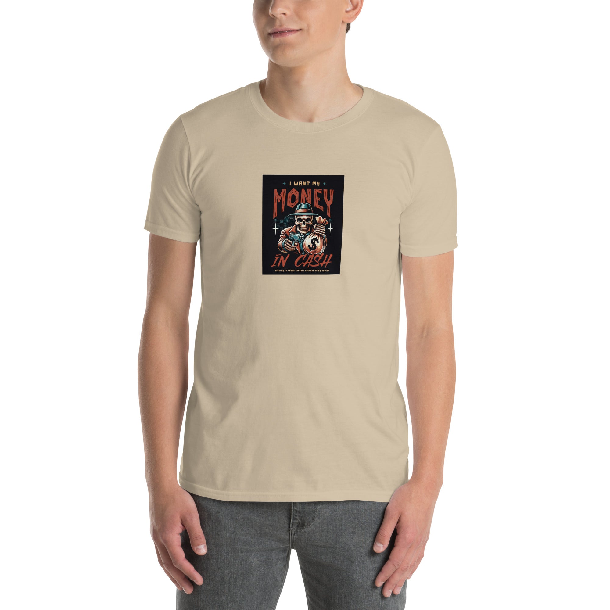 Sand/tan unisex short-sleeve T-shirt with square “MONEY IN CASH” graphic